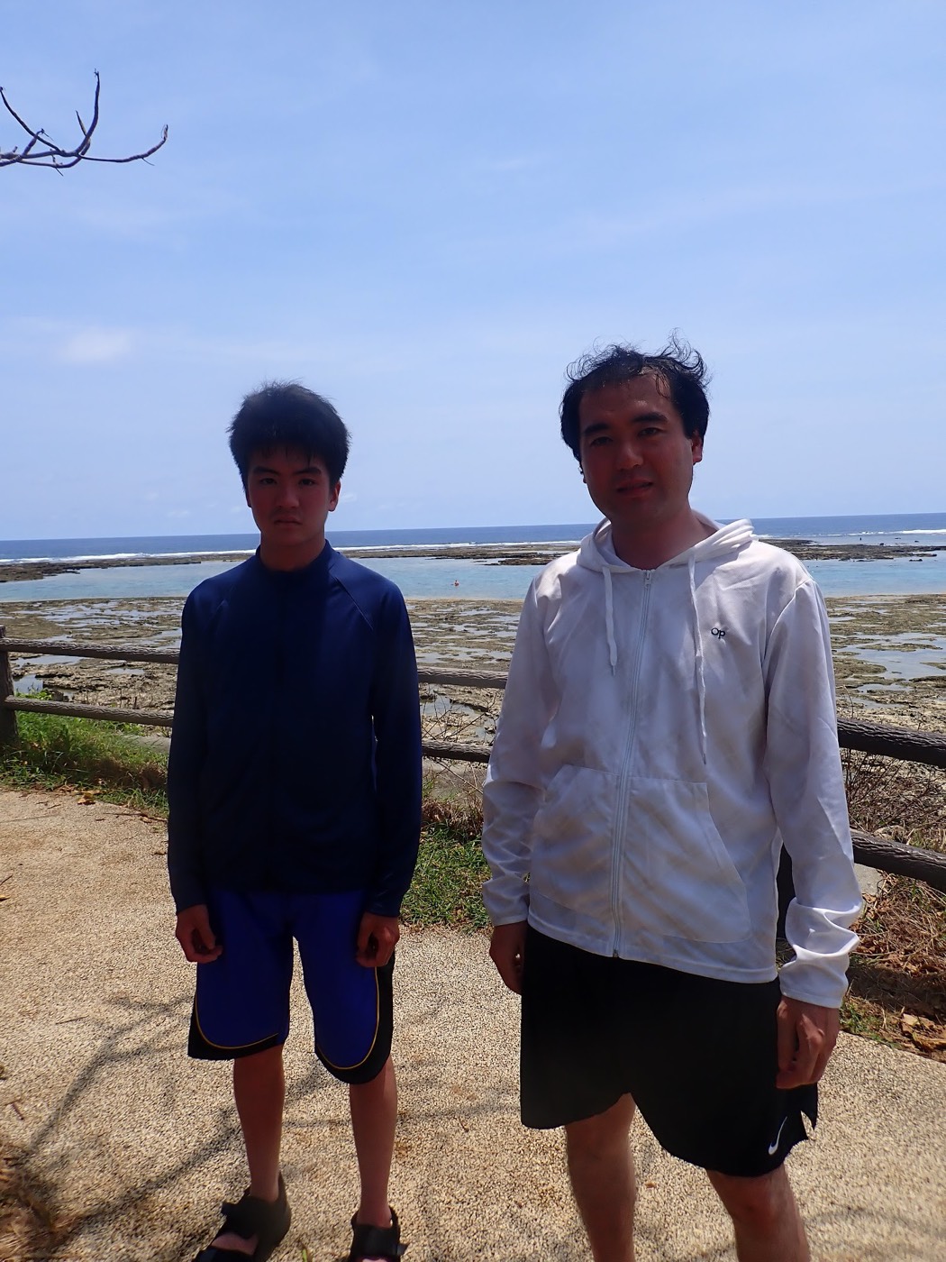 海岸の柵越しに親子連れが並んで立ち、奥にはリーフと穏やかな海が広がる。天然水族感の自然体験シュノーケル。