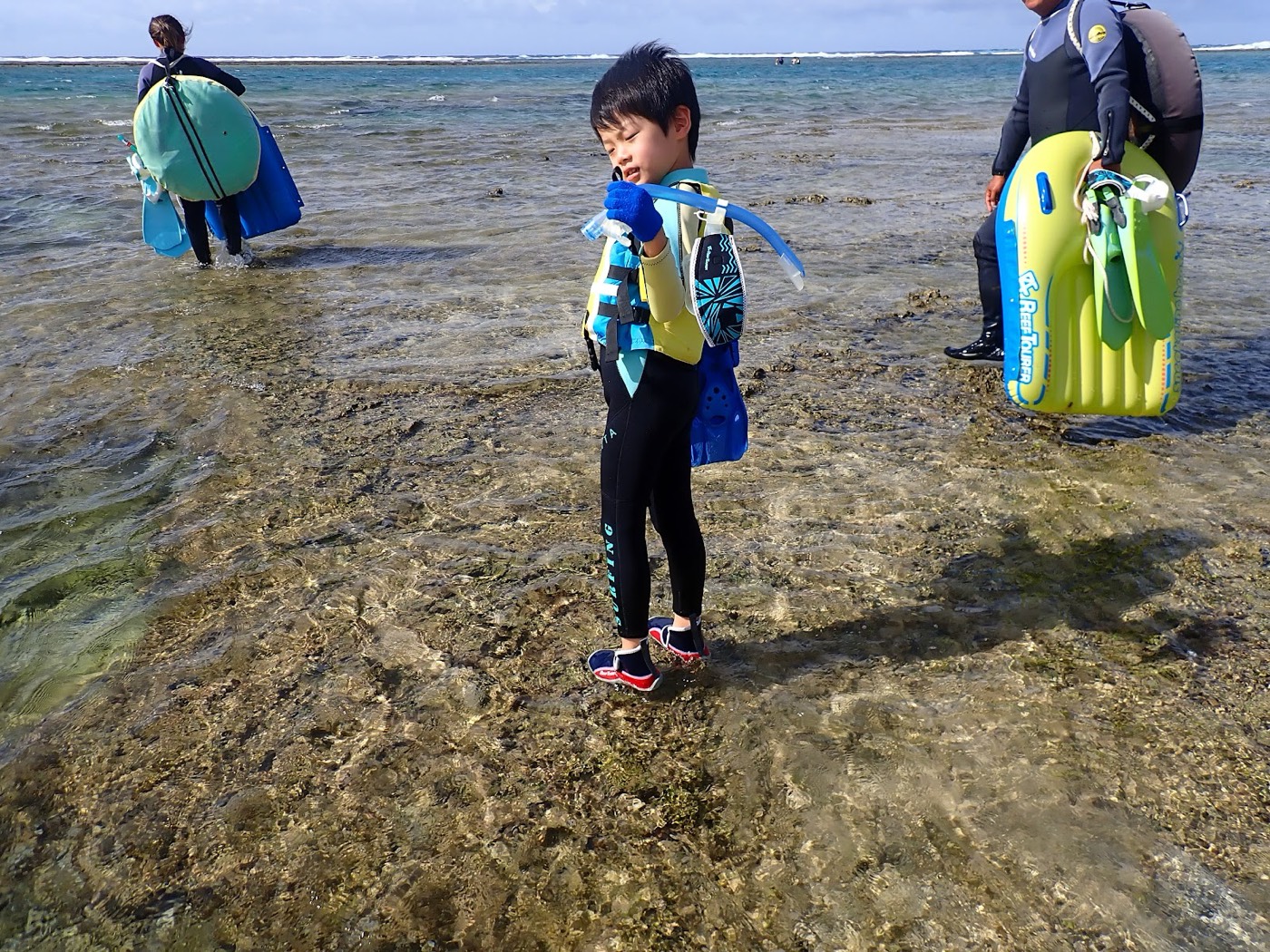 リーフの浅瀬を歩き、海へ向かう参加者の様子。天然水族感
