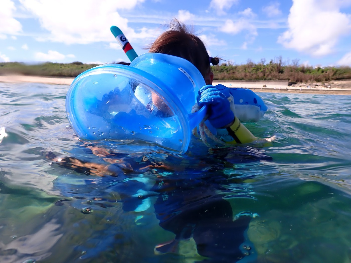 浅瀬でフロートを使い水中を覗き込む参加者。ガイドが隣にいる様子